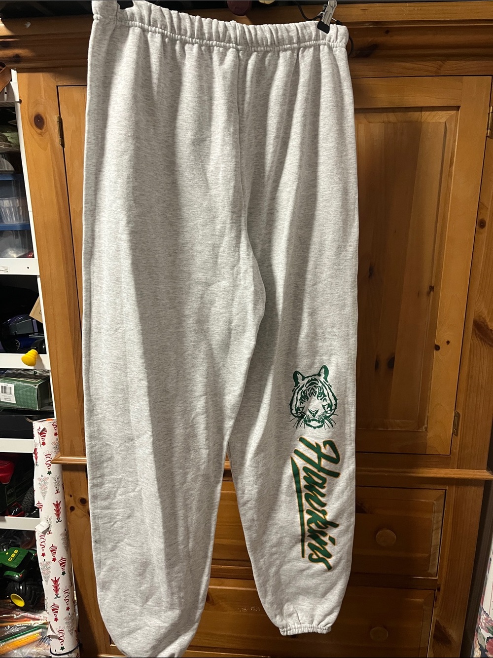Gray Track Joggers with Green Tiger Script